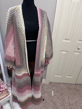 Long Open-Front Gradient Crochet Cardigan Sweater - Pink, Cream, Gray handmade